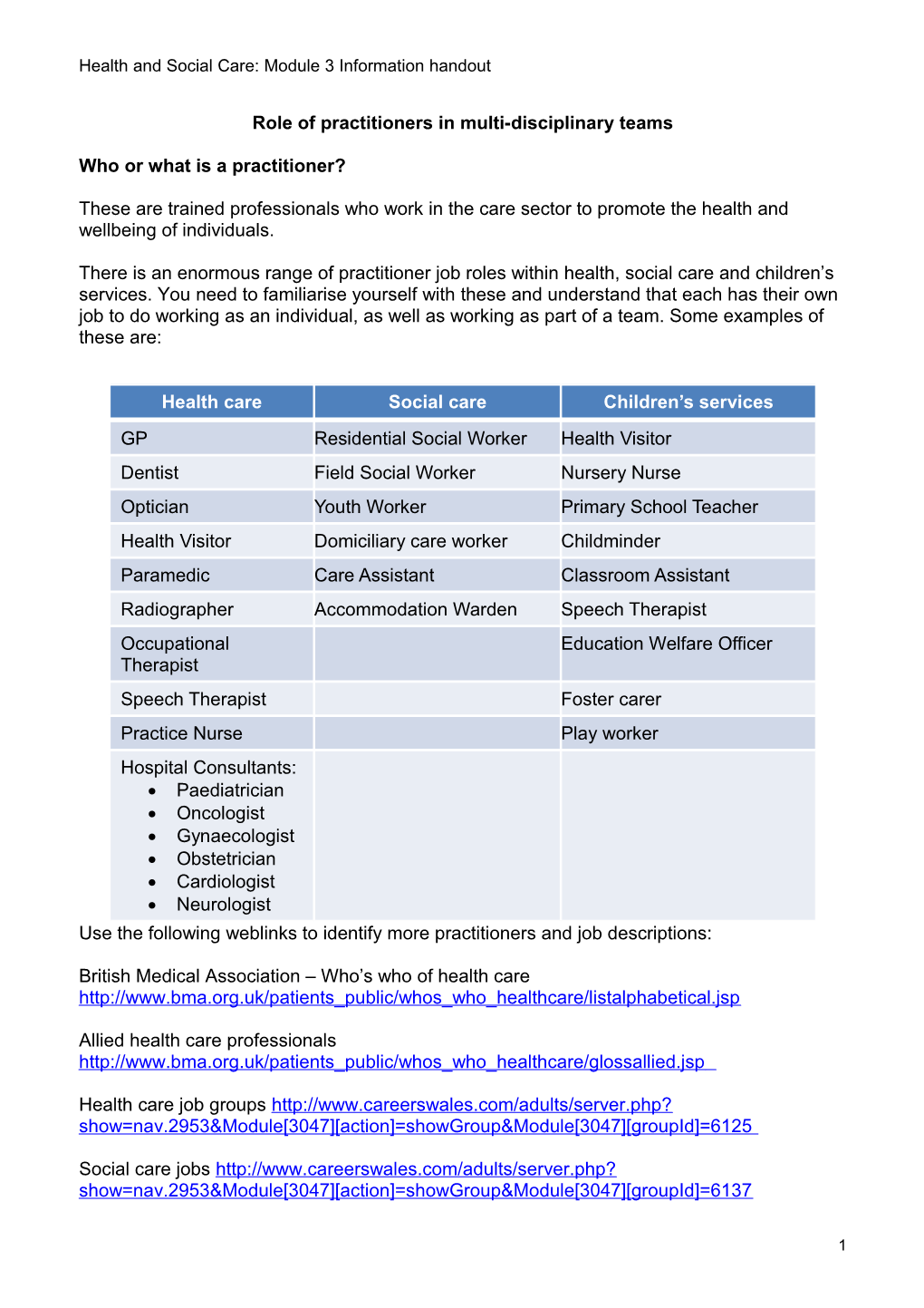 Health and Social Care: Module 3 Information Handout