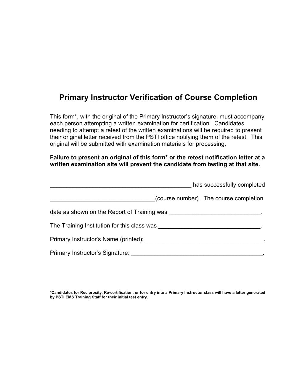 Primary Instructor Verification of Course Completion