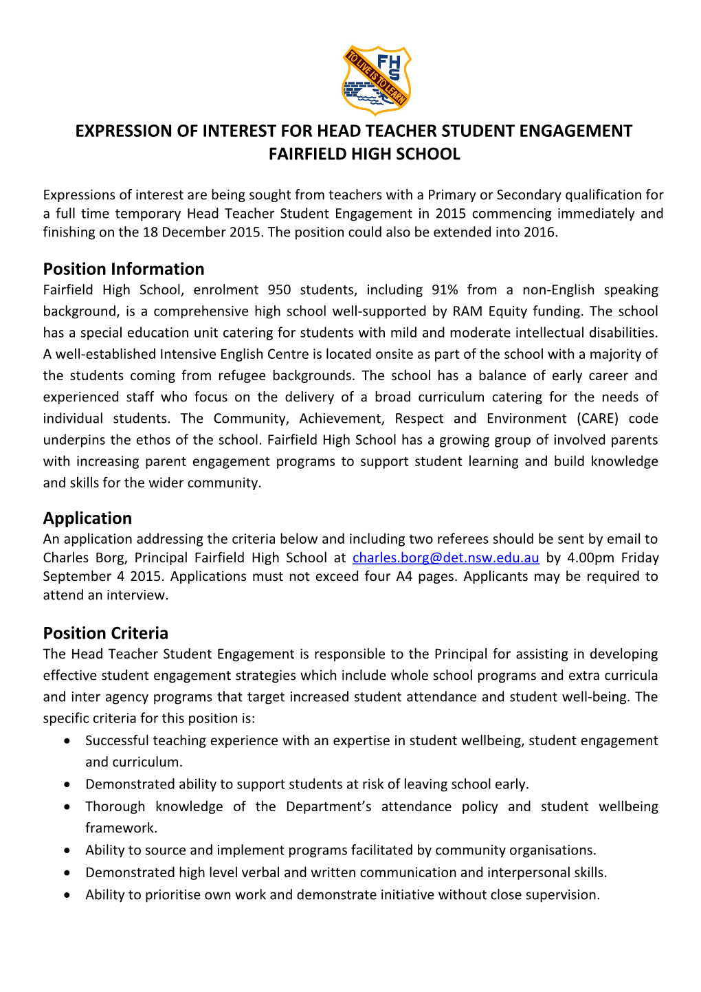 Expression of Interest for Head Teacher Student Engagement