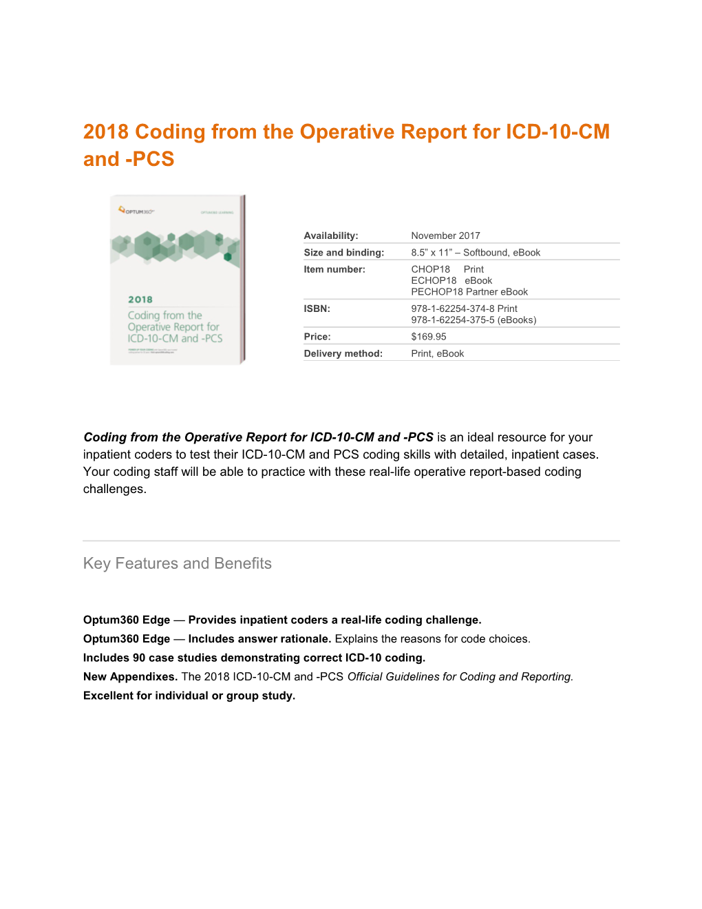 2018 Coding from the Operative Report for ICD-10-CM and -PCS