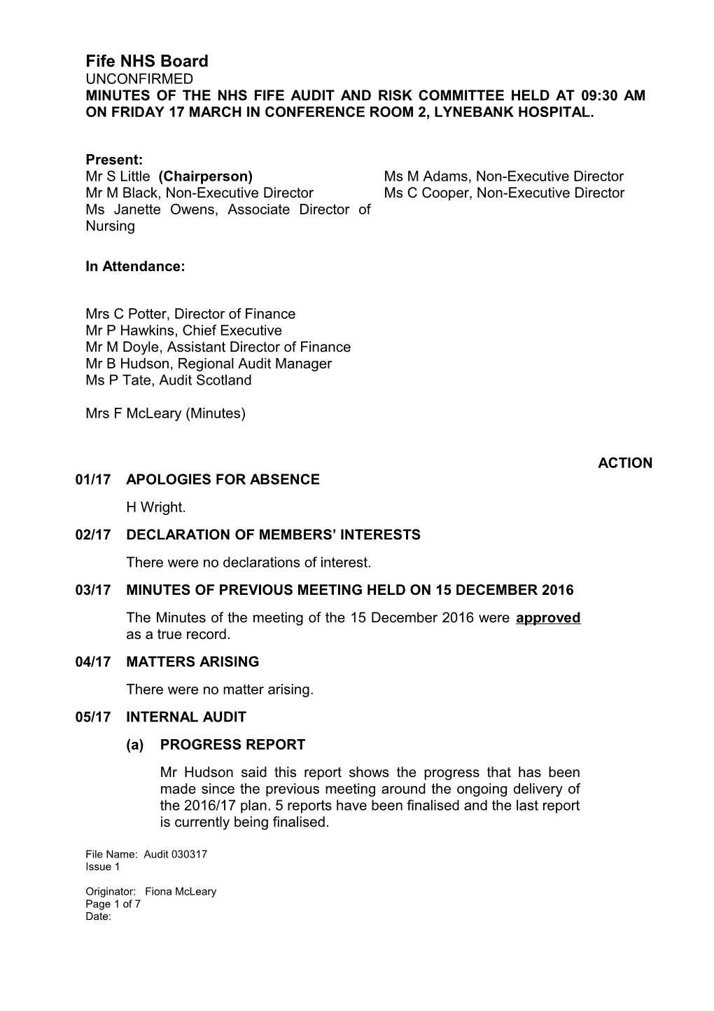 Minutes of the Nhs Fife Audit and Risk Committee Held at 9