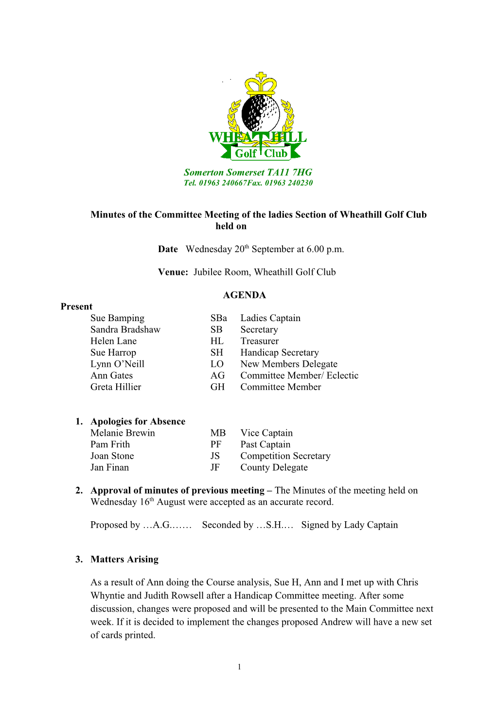 Minutes of the Committee Meeting of the Ladies Section of Wheathill Golf Club