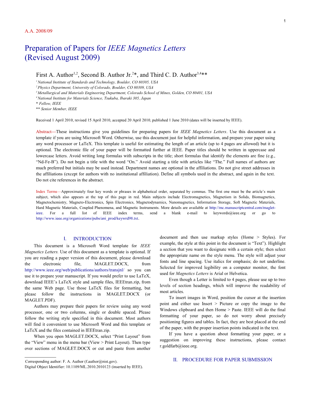 Preparation of Papers for IEEE Magnetics Letters