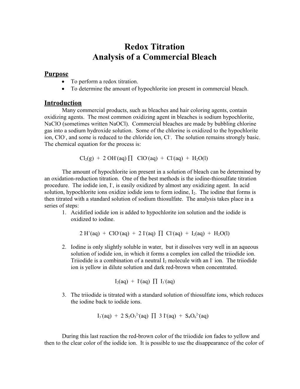 Redox Titration: Analysis of Commercial Bleach
