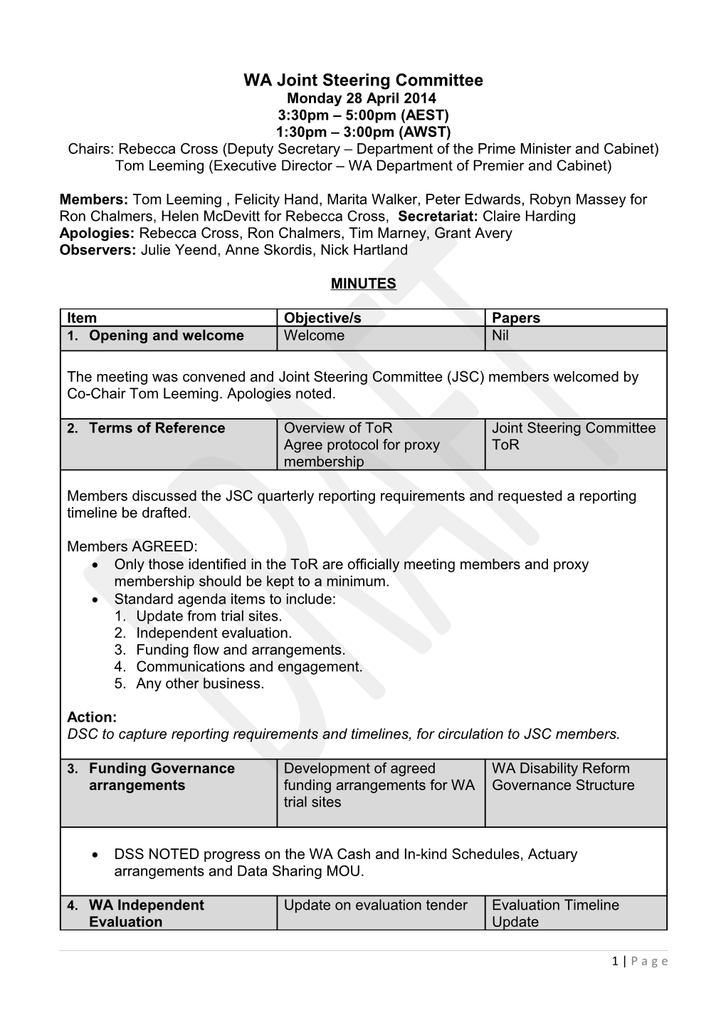 WA Joint Steering Committee Minutes 28 April 2014