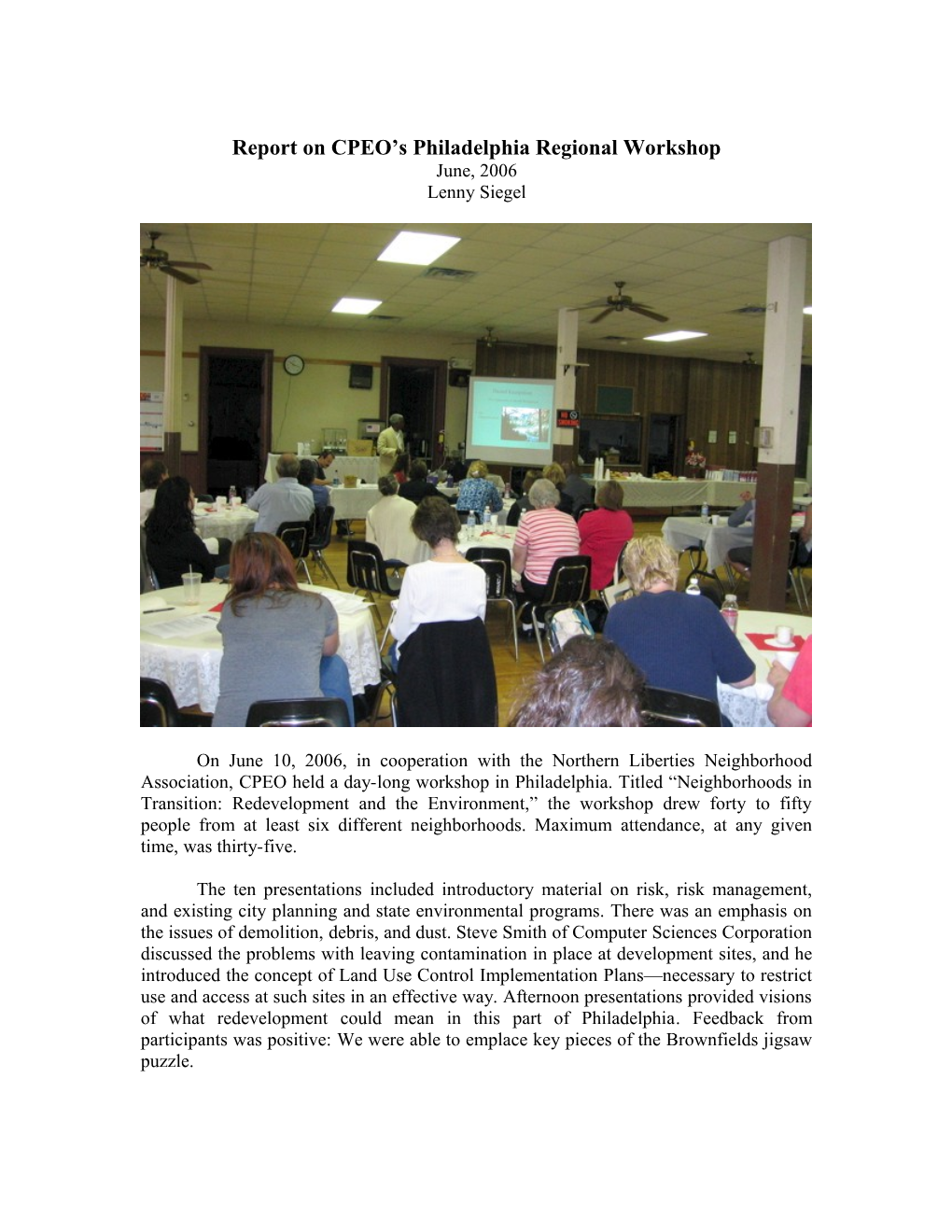 Report on CPEO S Philadelphia Regional Workshop
