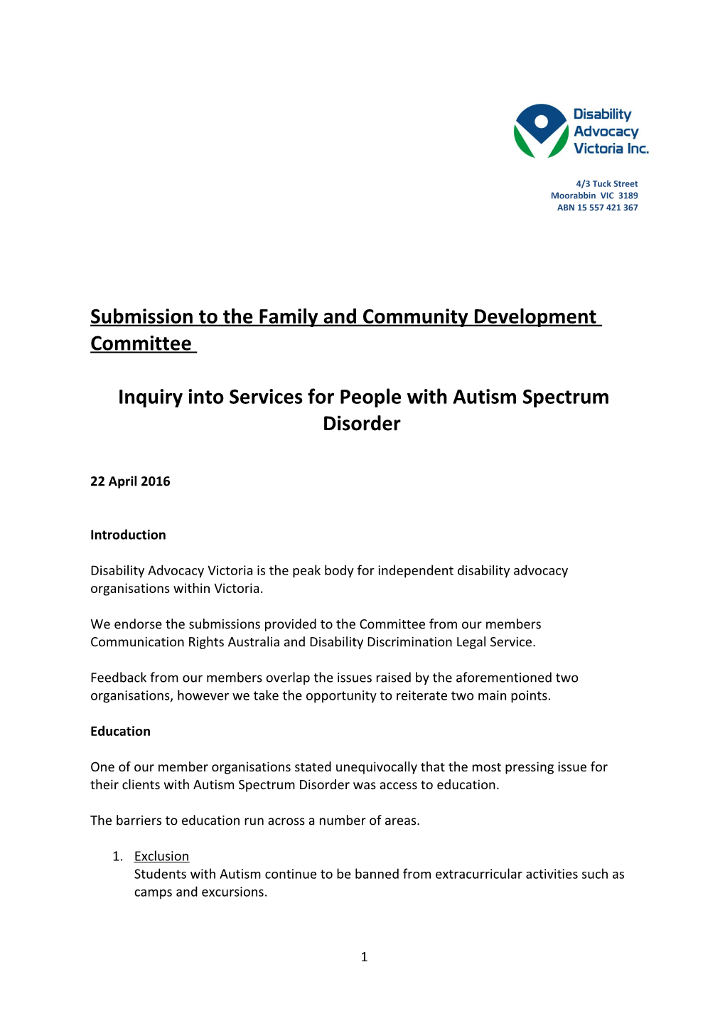 Submission to the Family and Community Development Committee