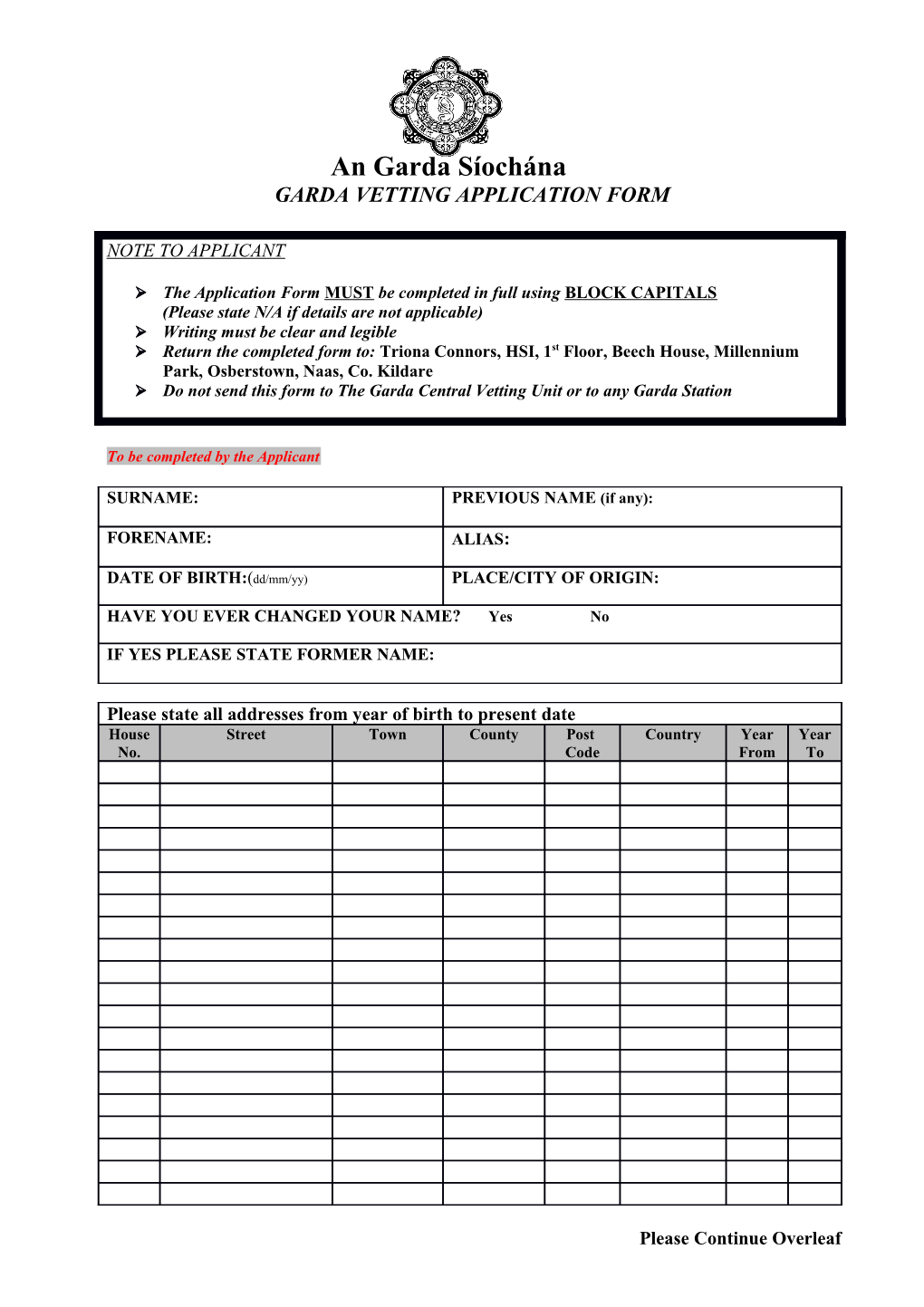 Garda Vetting APPLICATION Form