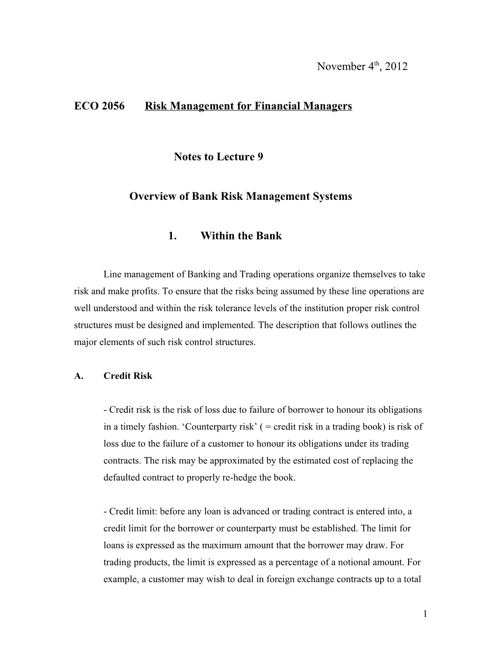 ECO 2056 Risk Management for Financial Managers