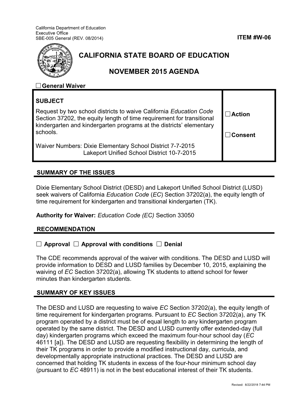 November 2015 Waiver Item W-06 - Meeting Agendas (CA State Board of Education)