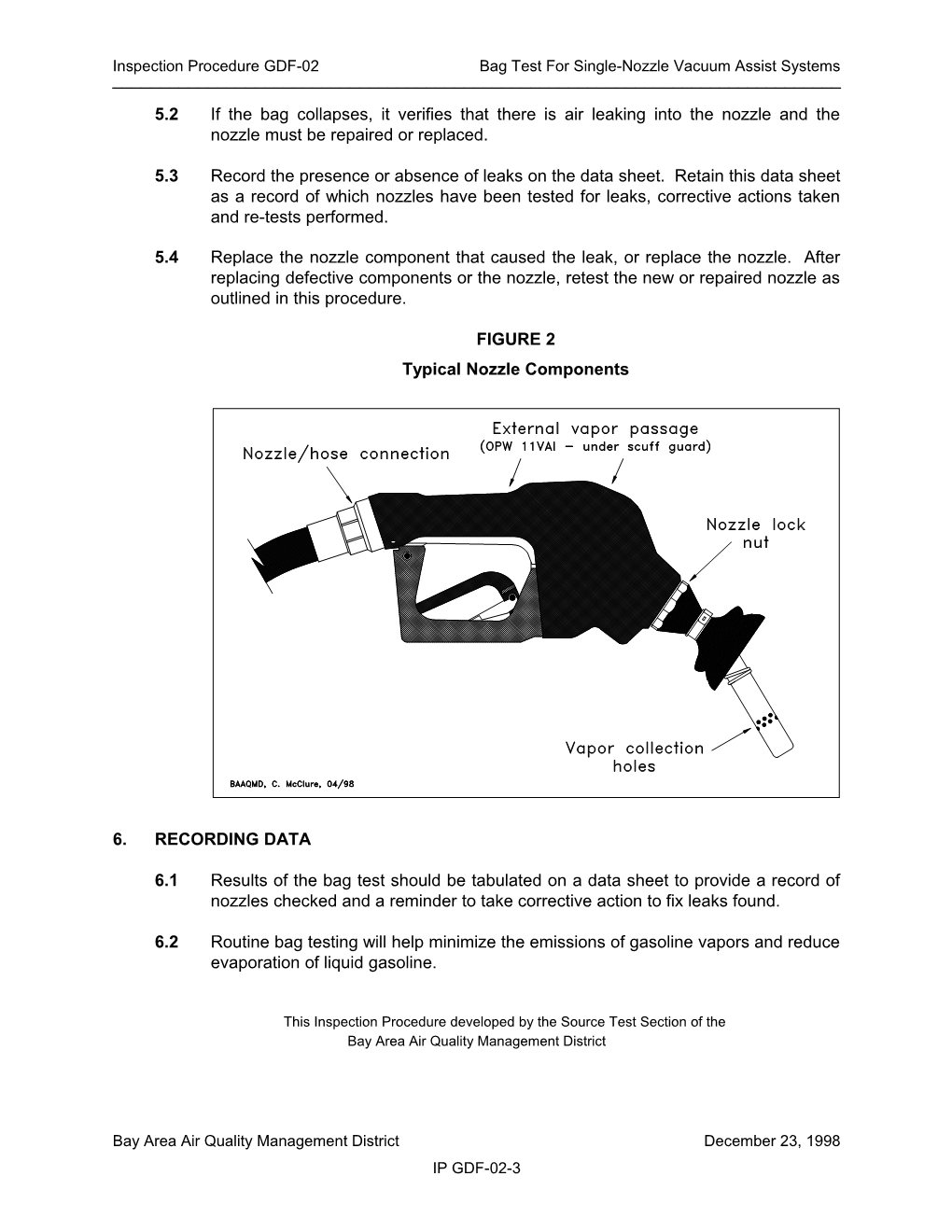 Guidance Document: 1998-12-23 BAAQMD Inspection Procedure GDF-02 - Bag Test for Single-Nozzle