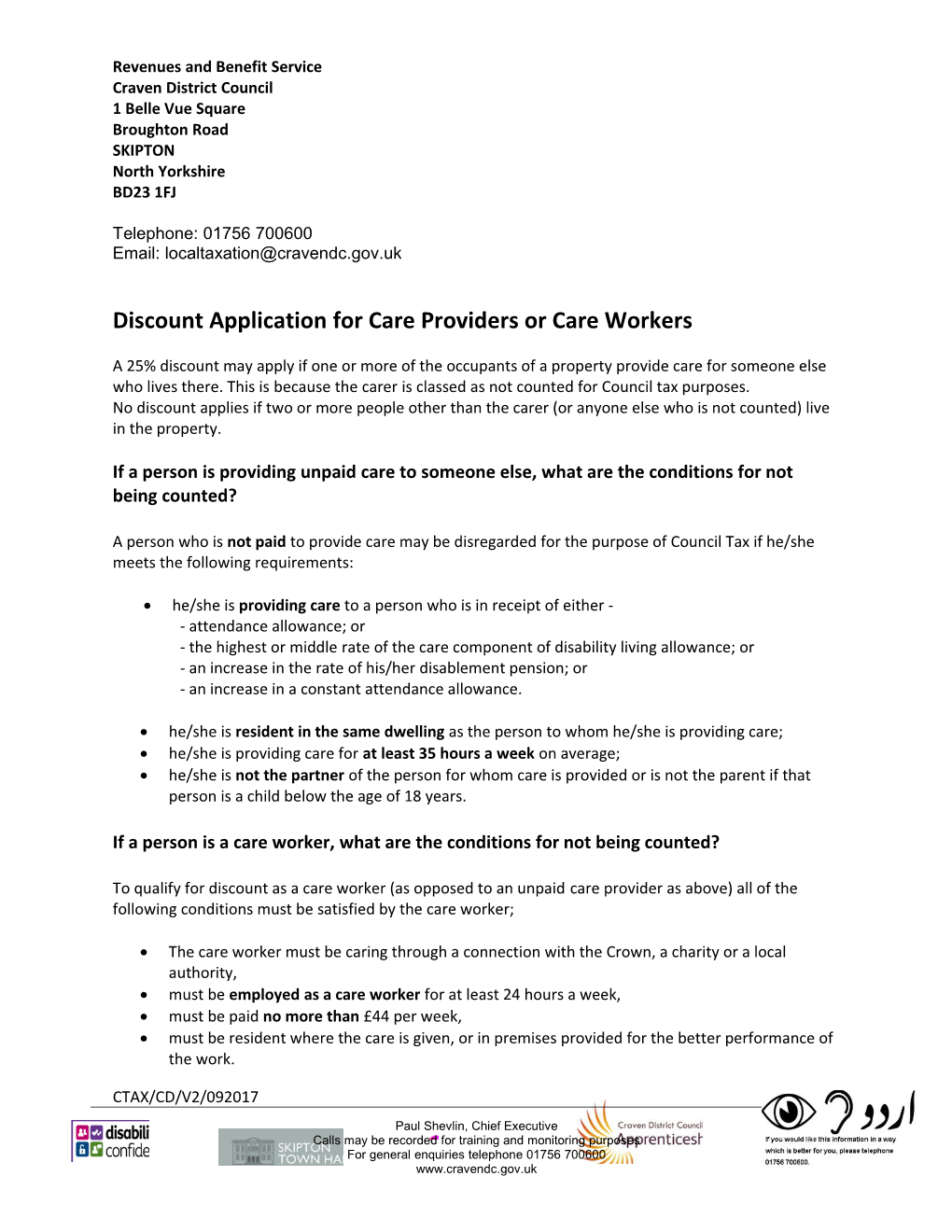 Discount Application for Care Providers Or Care Workers