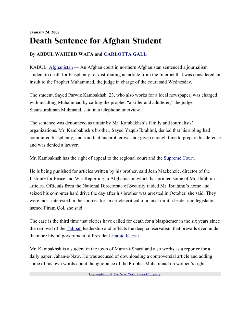 Death Sentence for Afghan Student