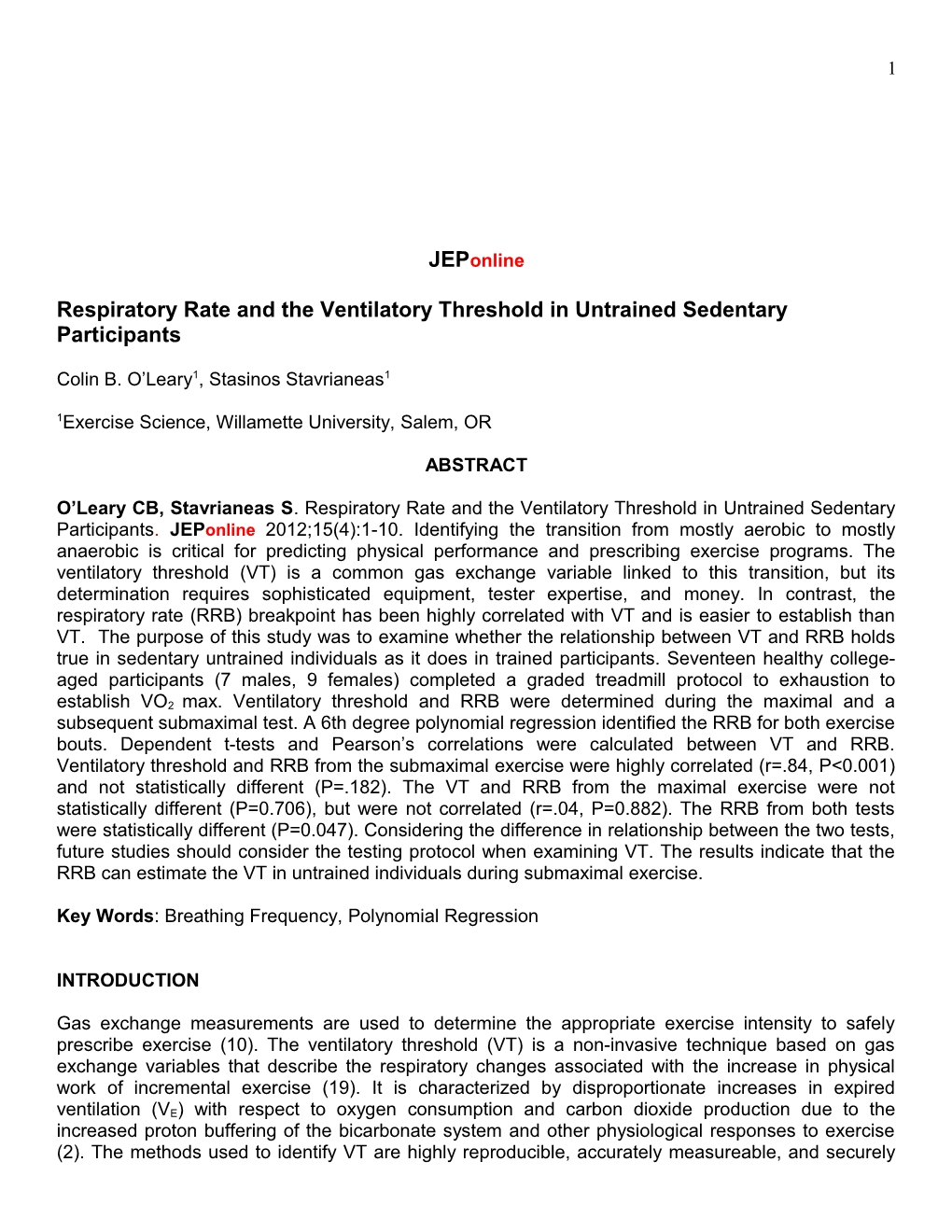 Respiratory Rate and the Ventilatory Threshold in Untrained Sedentary Participants