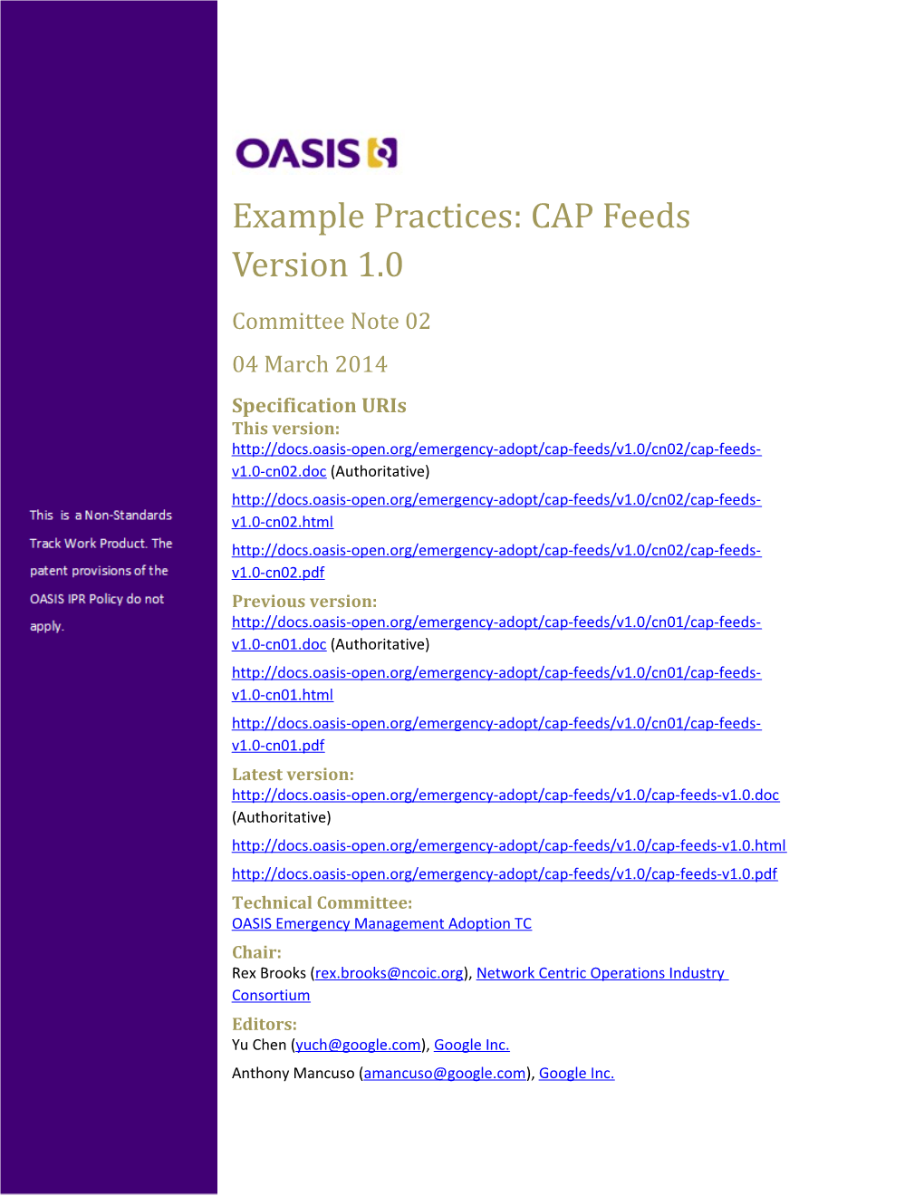 Example Practices: CAP Feeds Version 1.0
