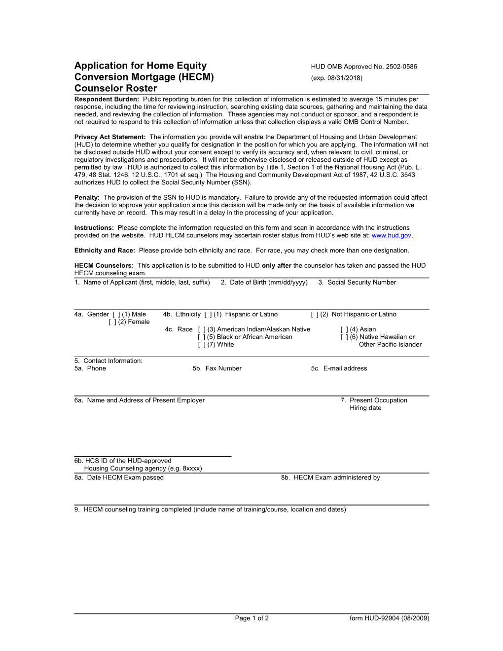 Application for Home Equity HUD OMB Approved No. 2502-0586