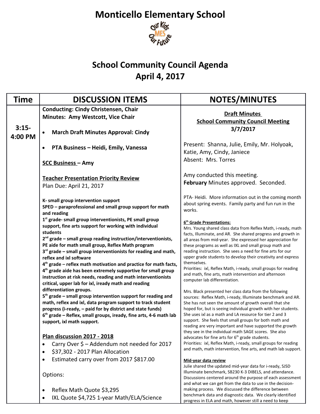 School Community Council Agenda