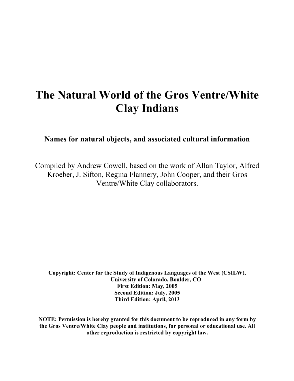 The Natural World of the Gros Ventre/White Clay Indians