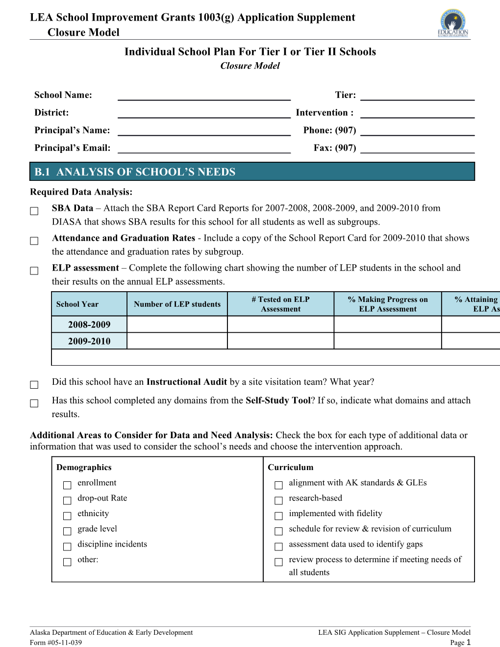 LEA School Improvement Grants 1003(G) Application Supplementclosure Model