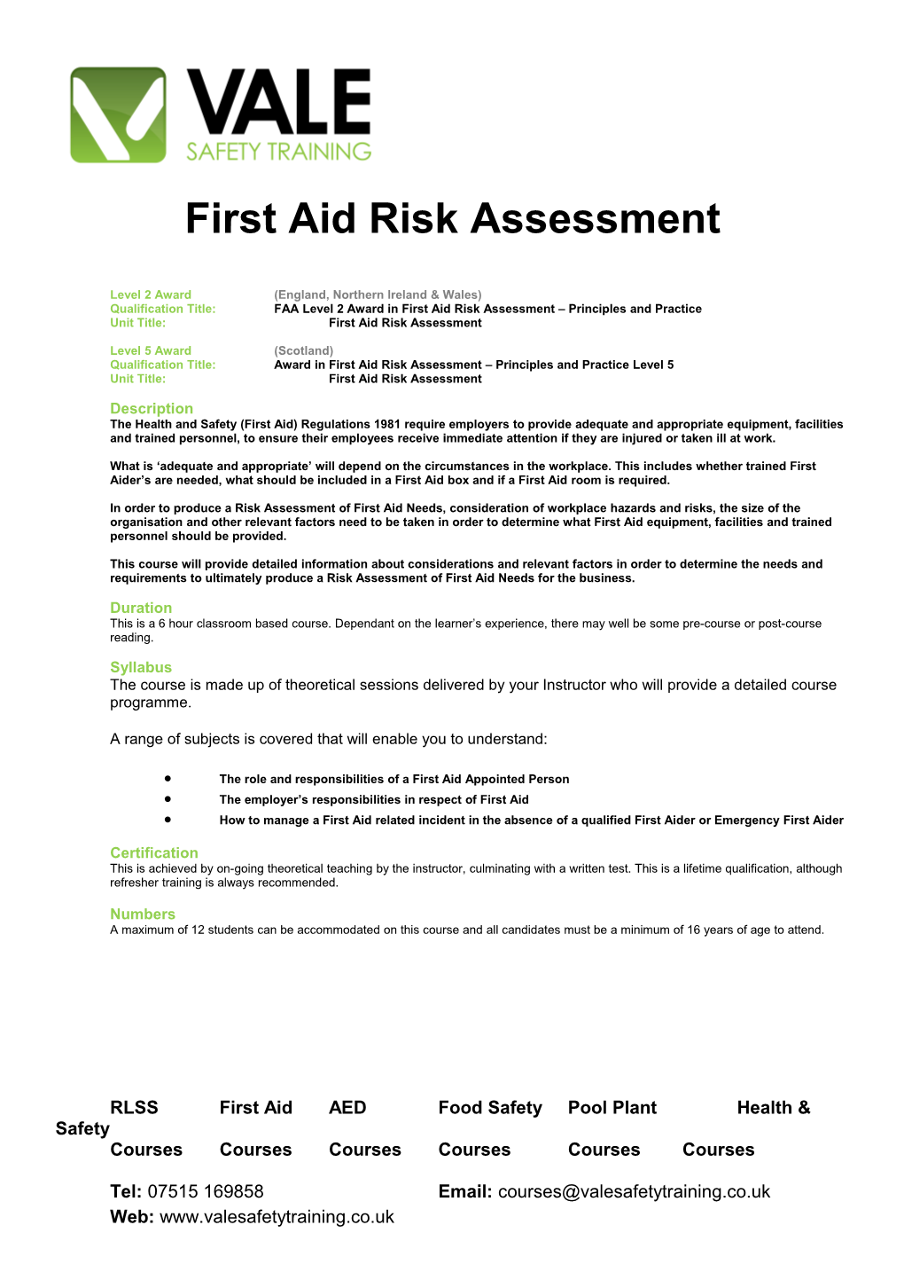 First Aid Risk Assessment