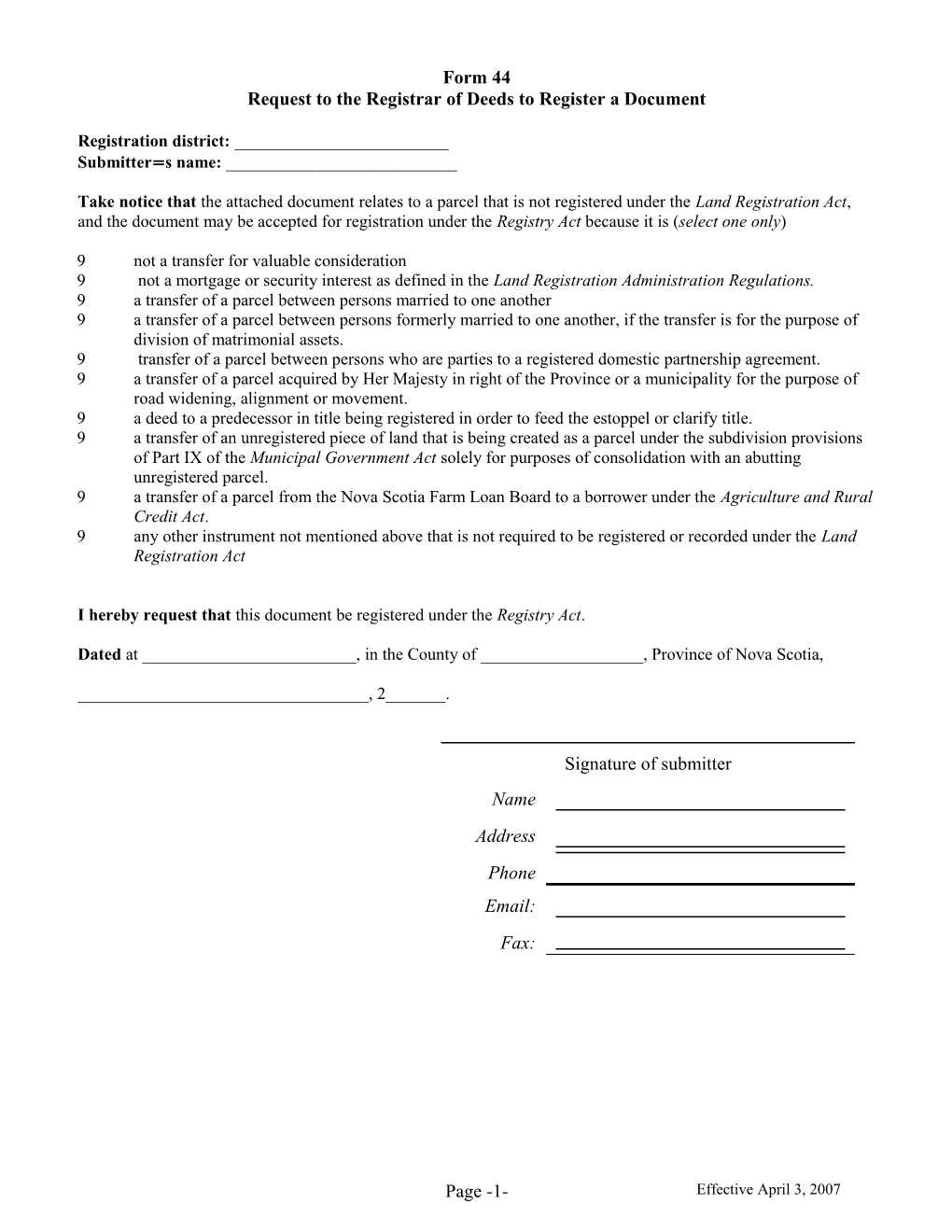Request to the Registrar of Deeds to Register a Document