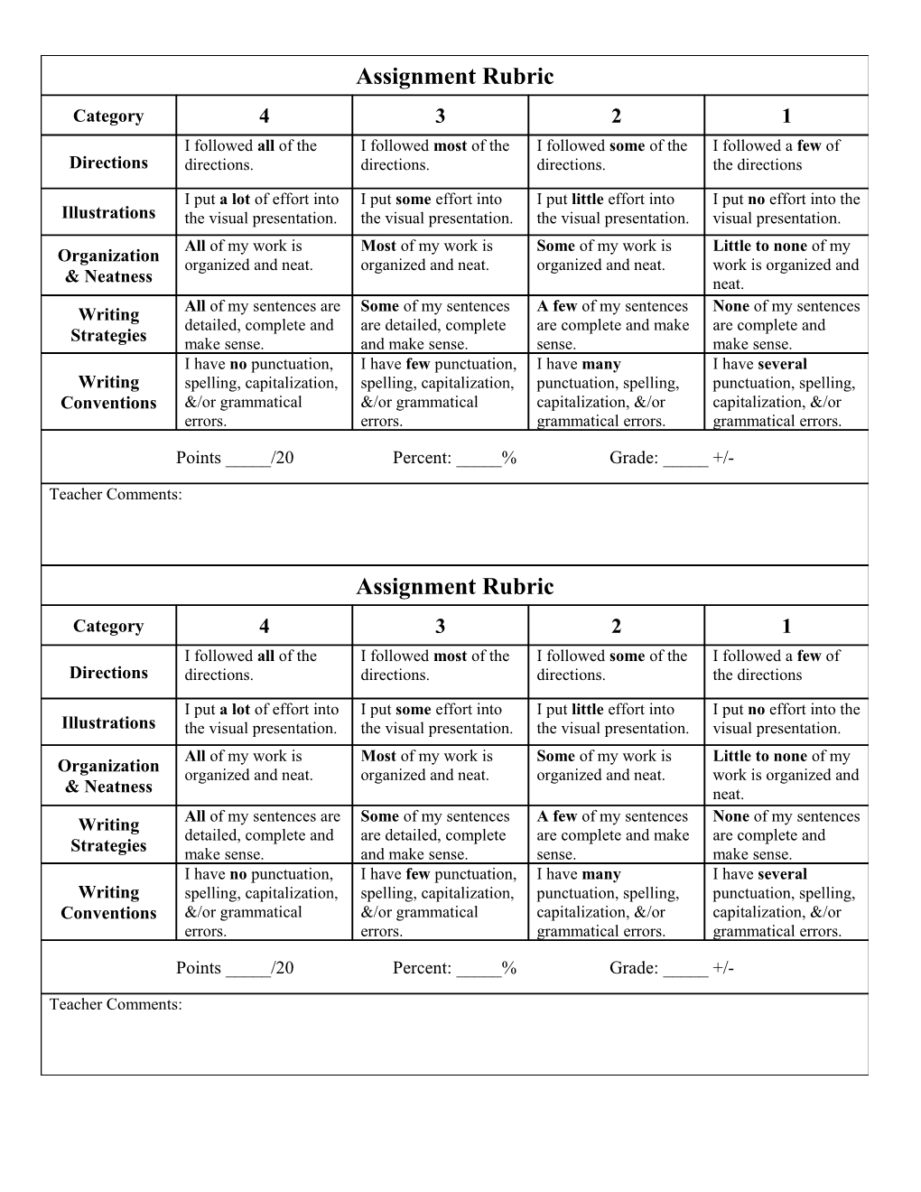 3Rd Grade Assignment Rubric