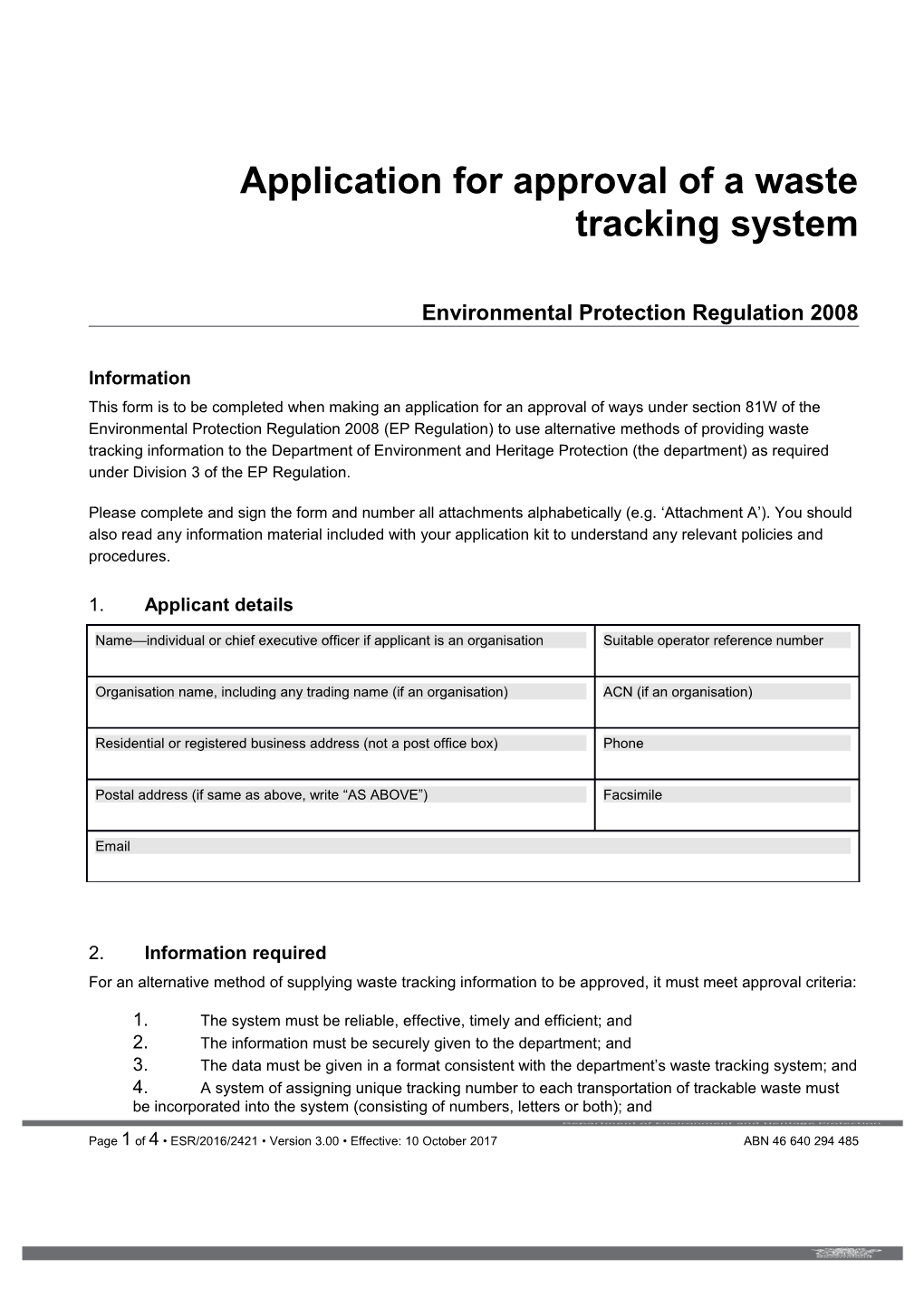ESR/2016/2421 Application for Approval of a Waste Tracking System