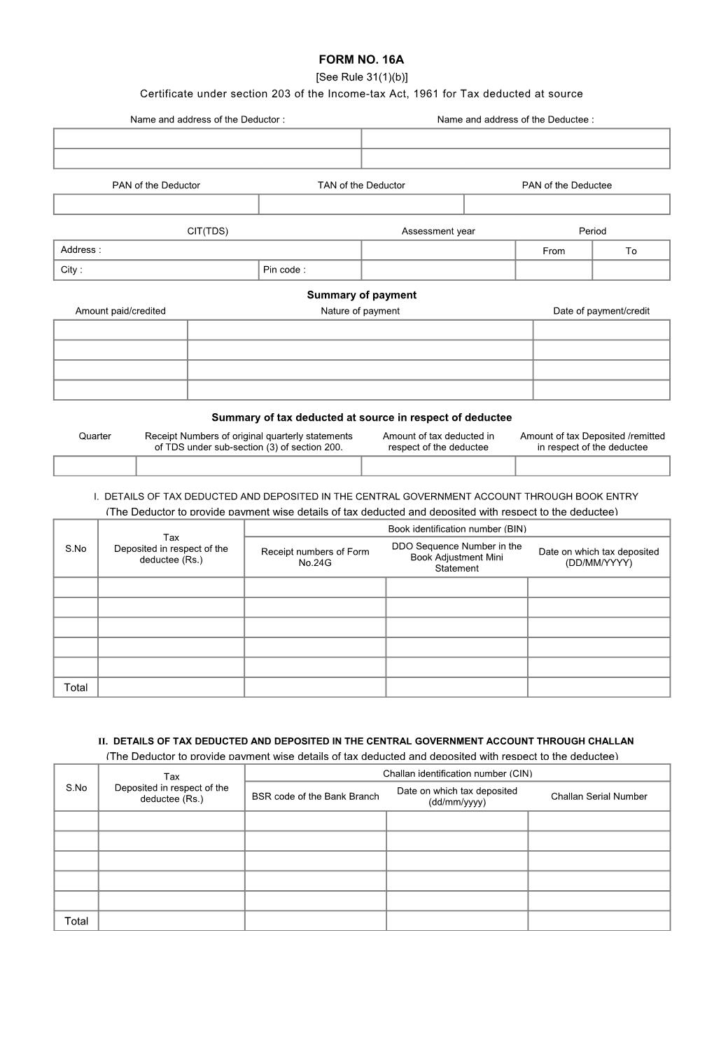 Ii. Details of Tax Deducted and Deposited in the Central Government Account Through Challan