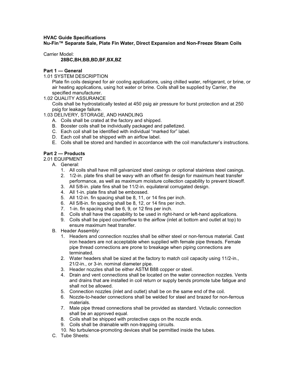 28BC,BH,BB,BD,BF,BX,BZ Guide Specifications