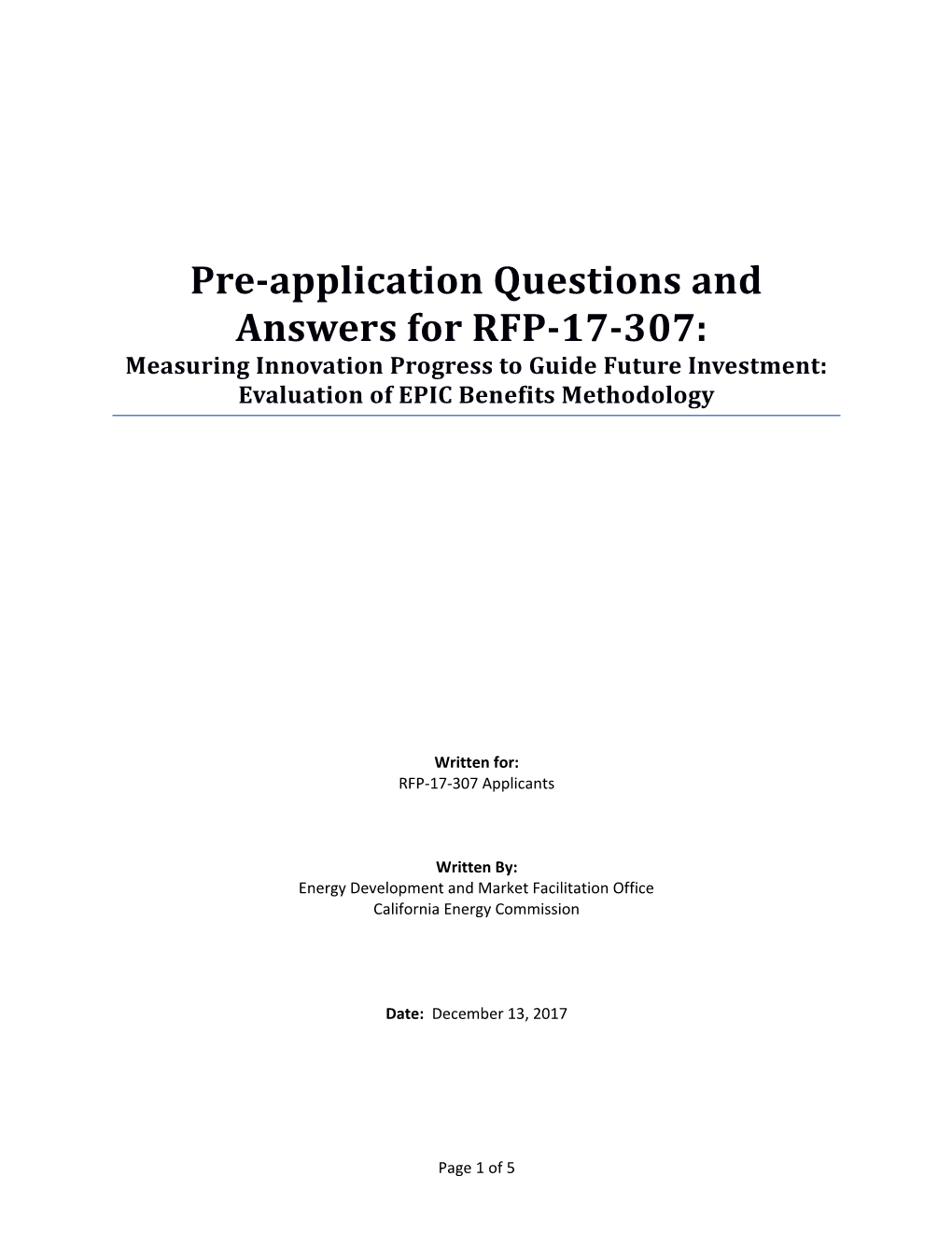 Pre-Application Questions and Answers for RFP-17-307