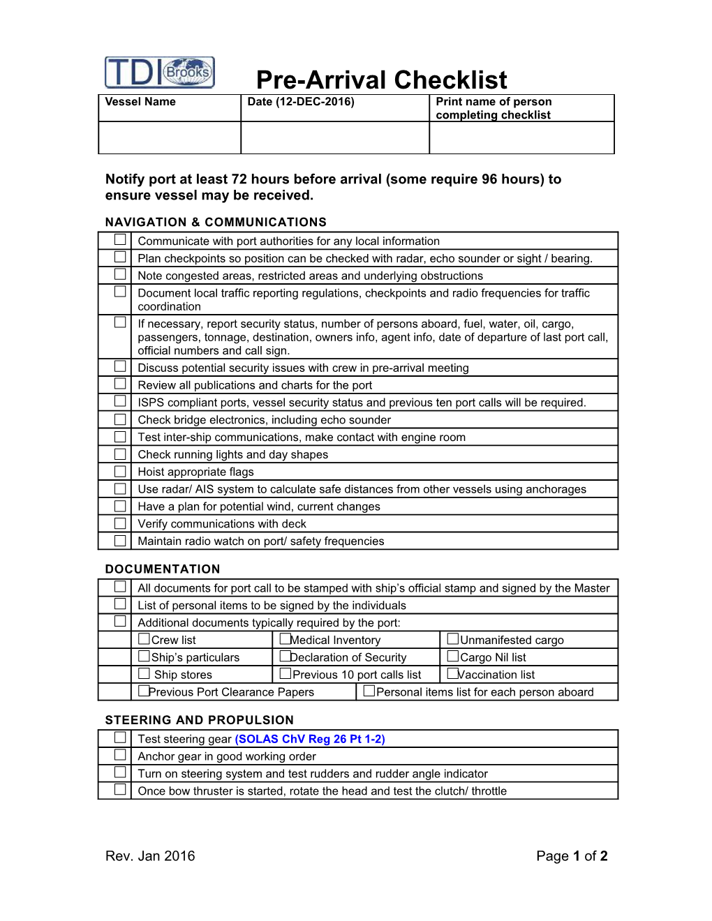 Pre-Arrival Checklist