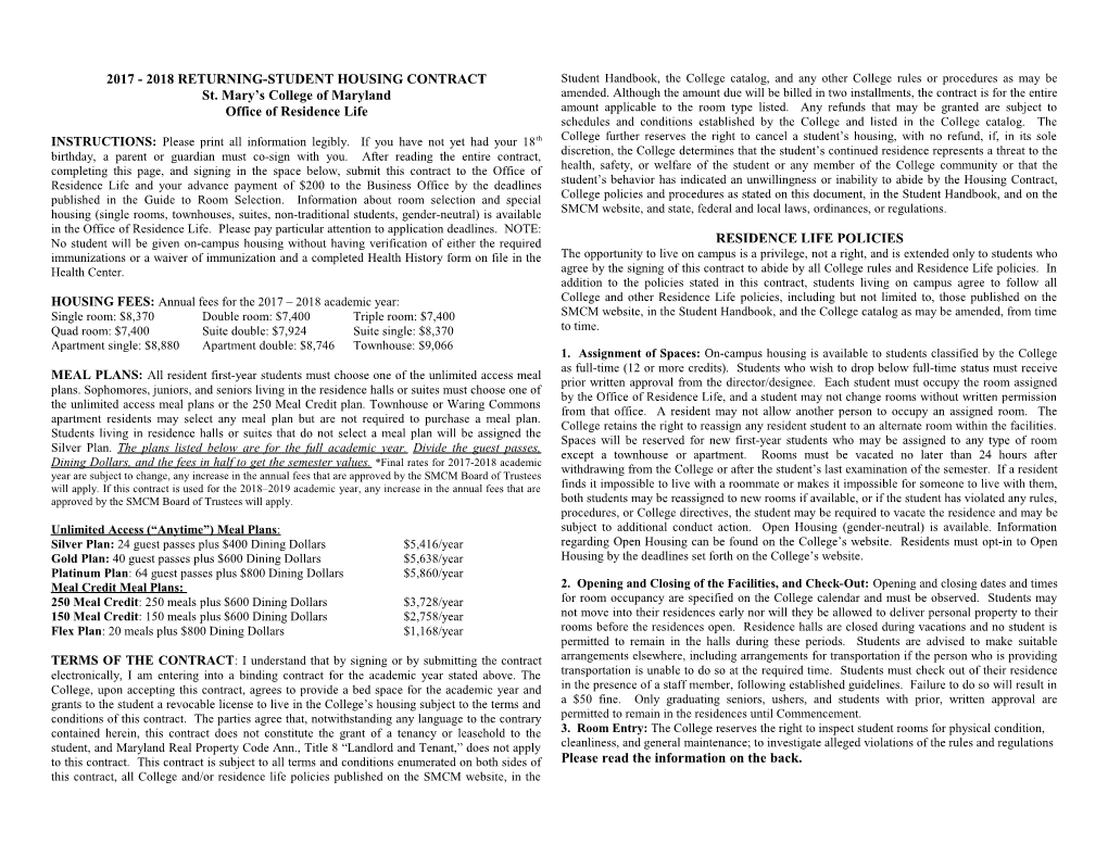 Returning-Student Housing Agreement