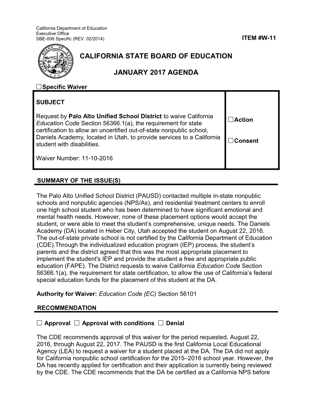 January 2017 Waiver Item W-11 - Meeting Agendas (CA State Board of Education)