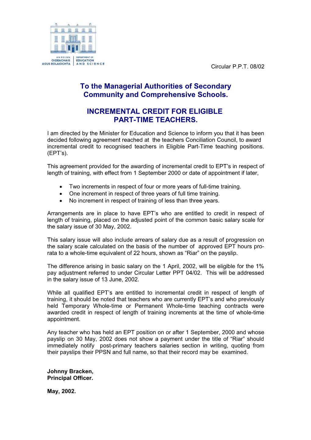 Post Primary Circular 08/02 Incremental Credit for Eligible Part Time Teachers (Word Format