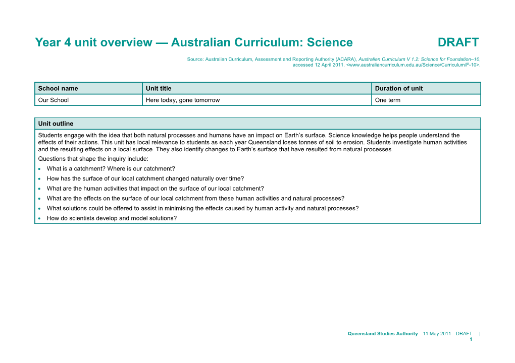 Year 4 Unit Overview Australian Curriculum: Science