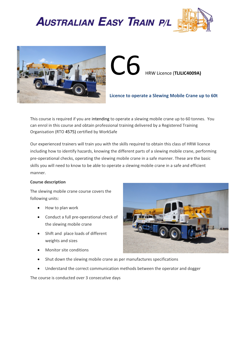 Licence to Operate a Slewing Mobile Crane up to 60T