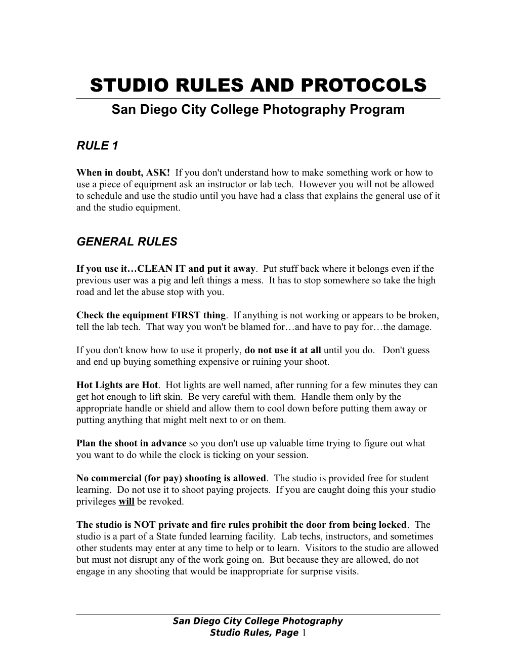 Studio Rules and Protocols