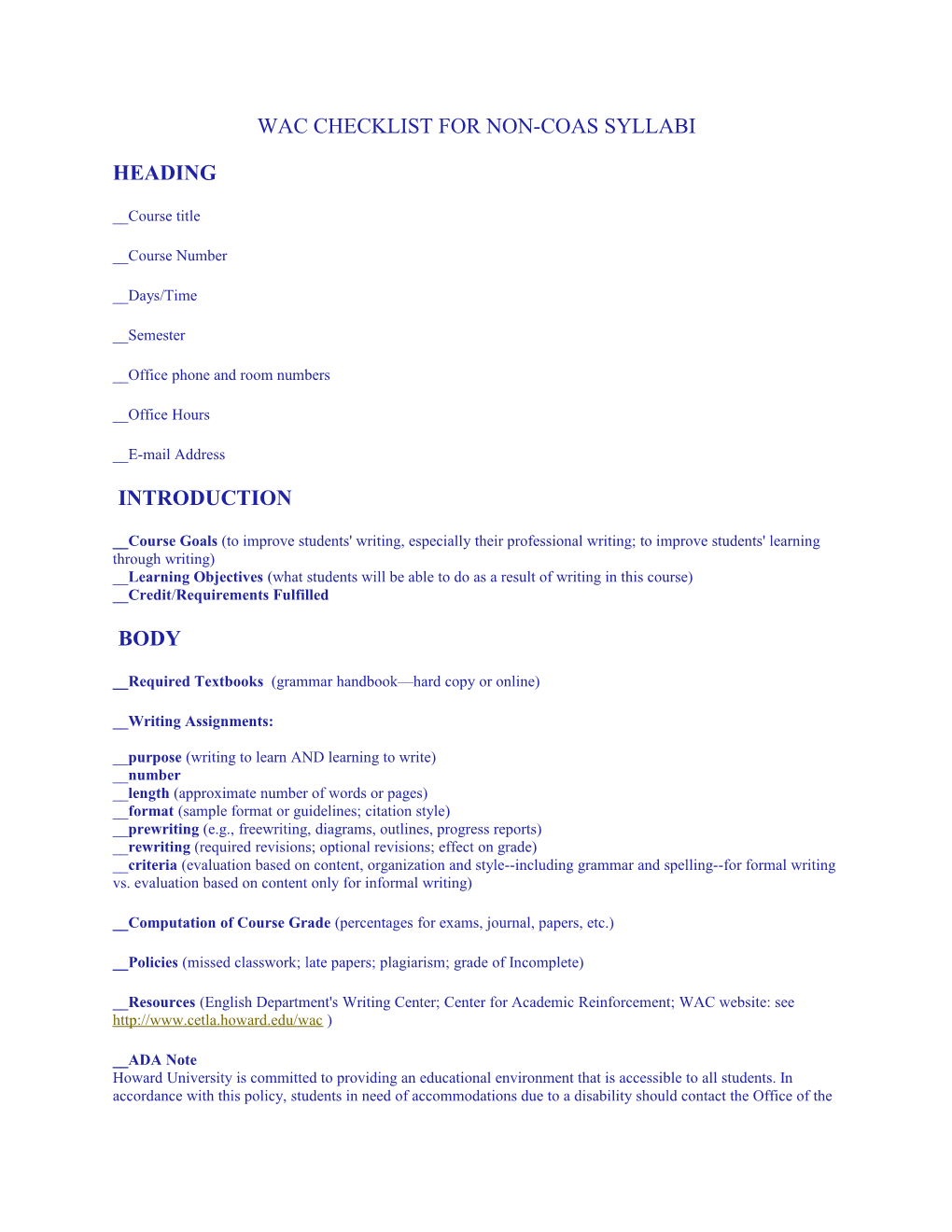 Wac Checklist for Non-Coas Syllabi