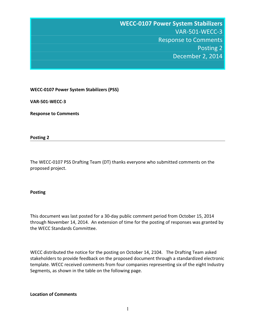 WECC-0107 Posting 2 VAR-501-WECC-2 Power System Stabilizers Response to Comments 12-2-2014