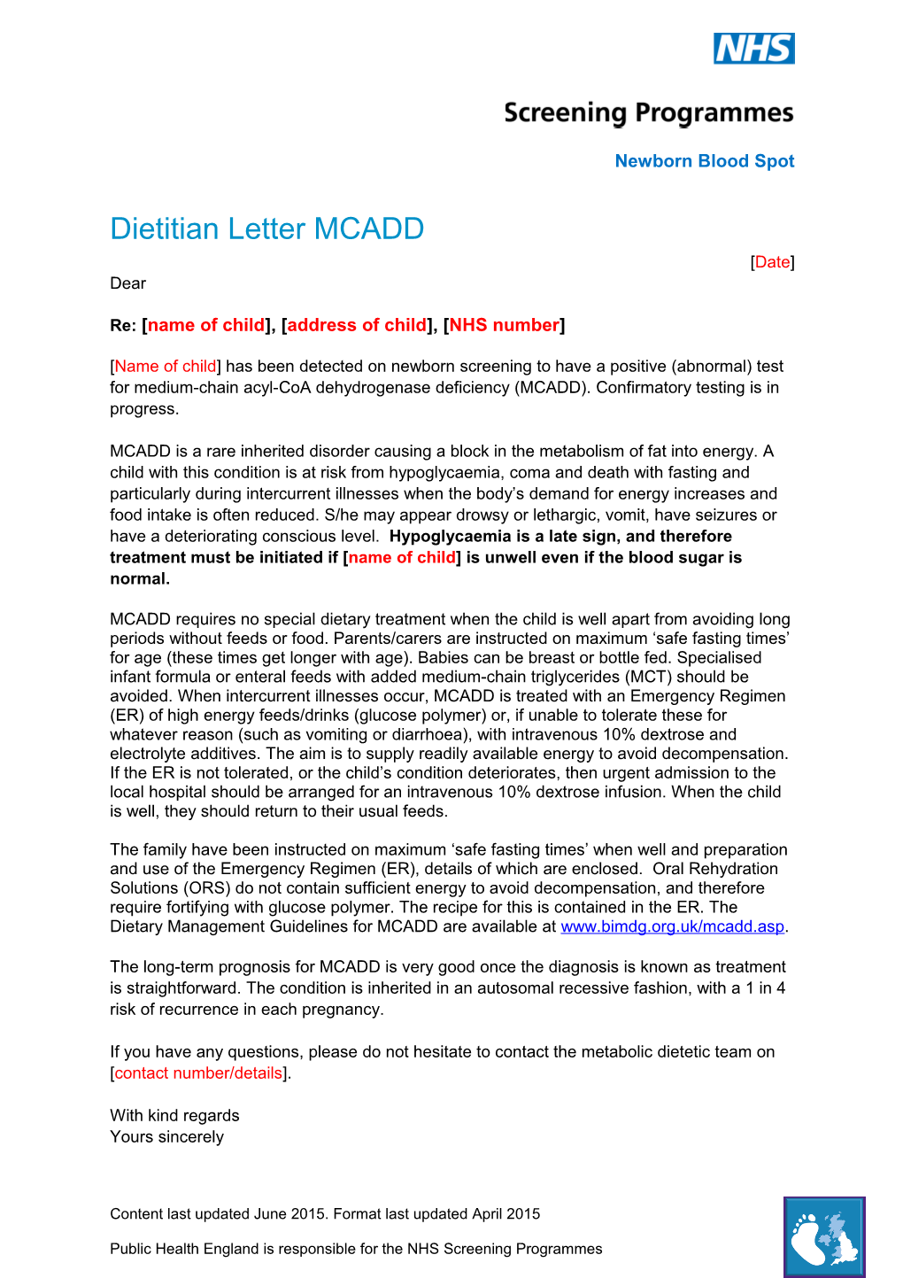 Dietitian Letter MCADD