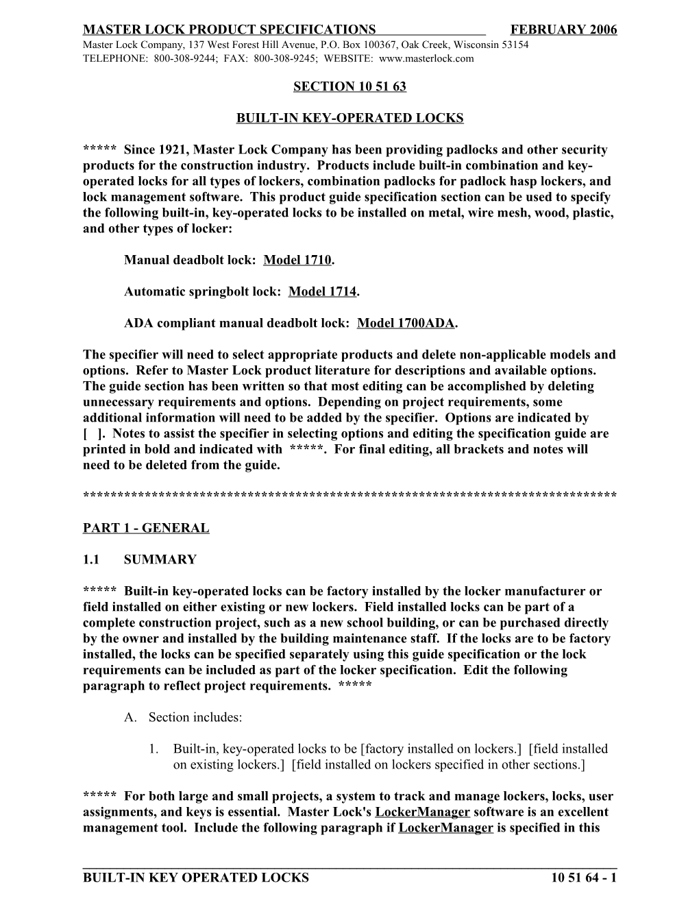 Master Lock Product Specifications February 2006