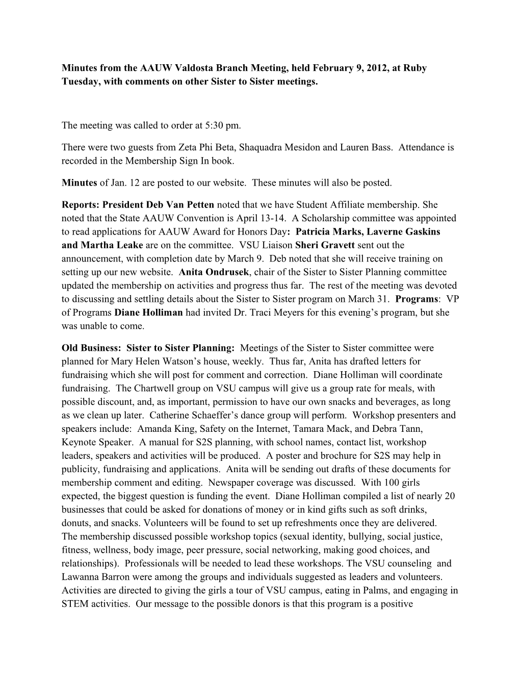 Minutes from the AAUW Valdosta Branch Meeting, Held February 9 2012, at Ruby Tuesday