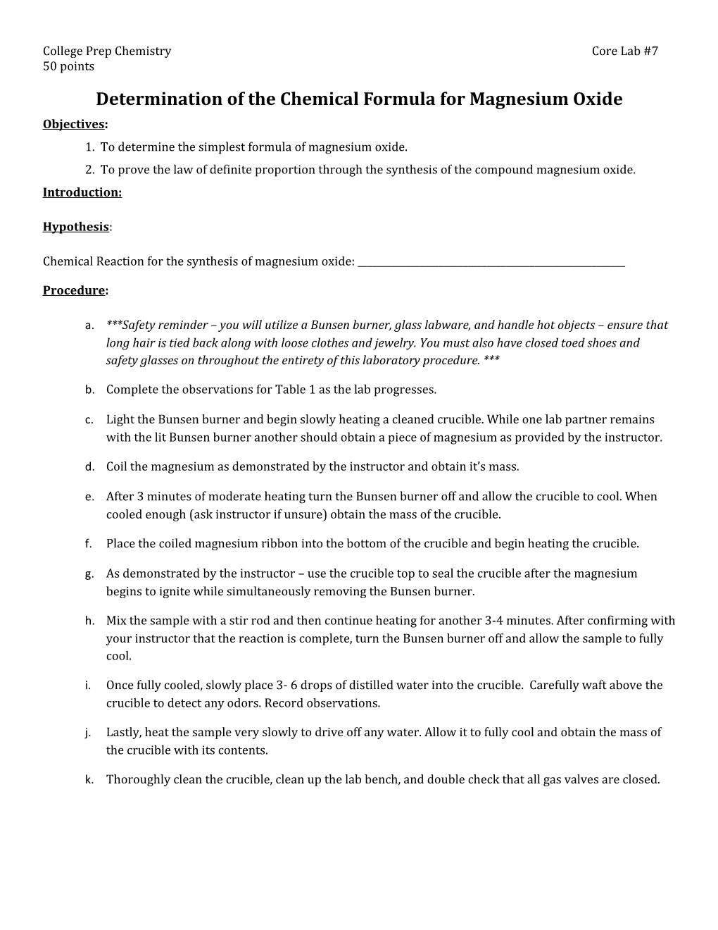 Determination of the Chemical Formula for Magnesium Oxide