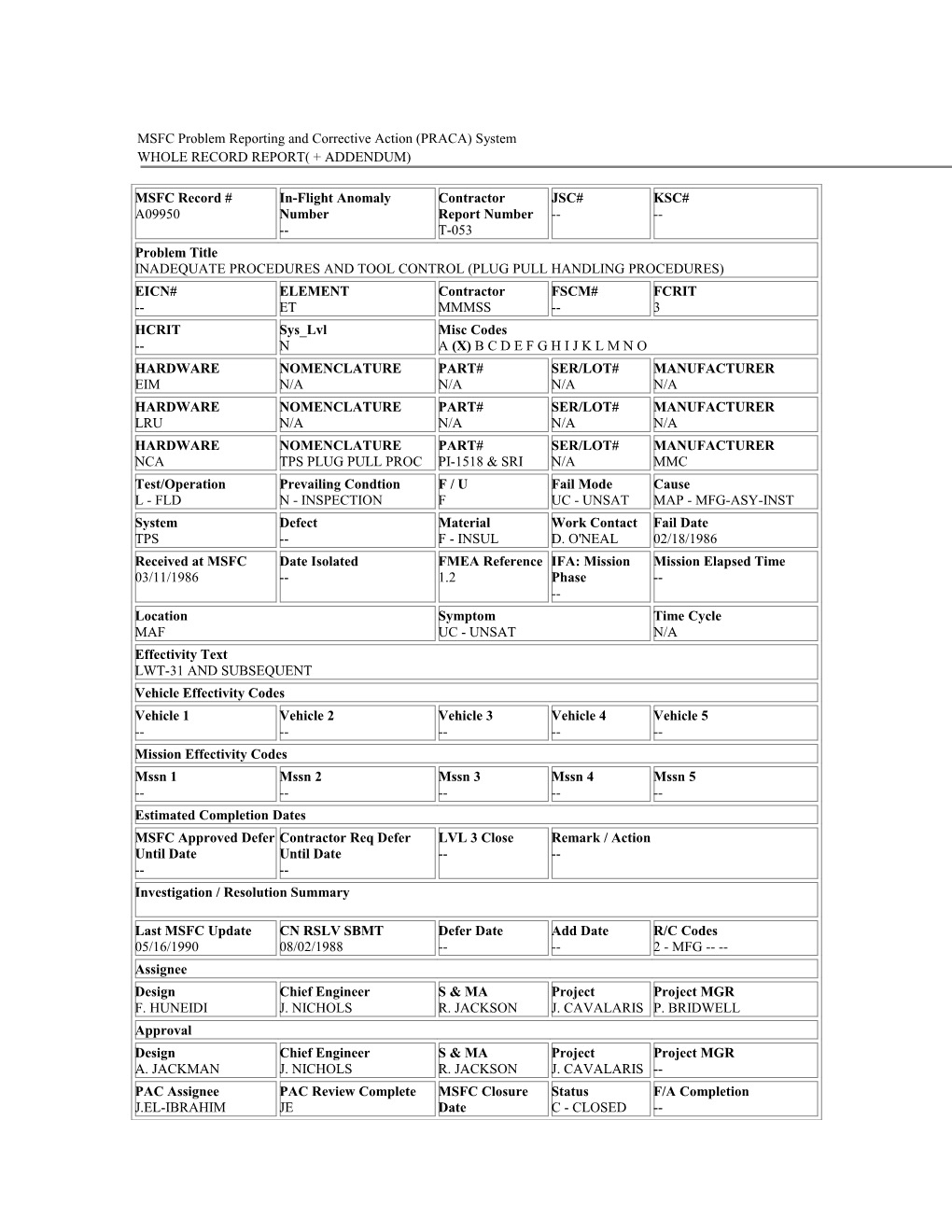 MSFC Problem Reporting and Corrective Action (PRACA) System s4