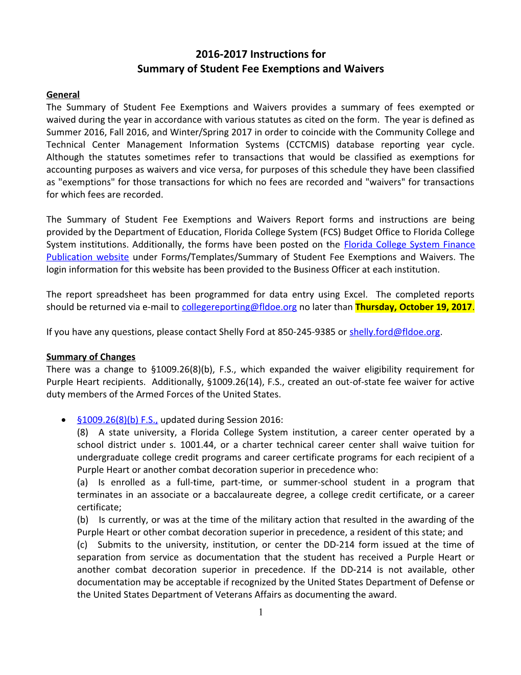 Summary of Student Fee Exemptions and Waivers