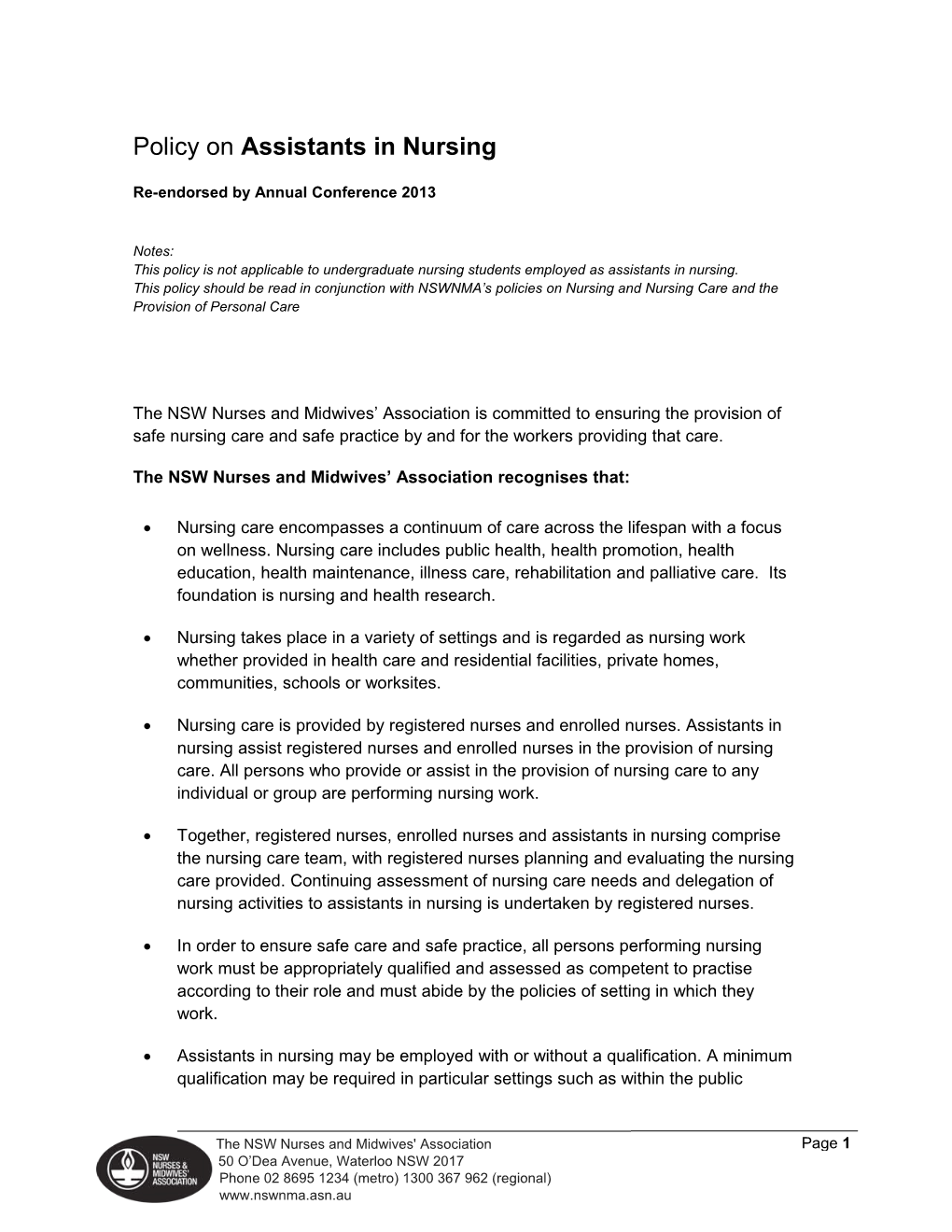 Policy on Assistants in Nursing