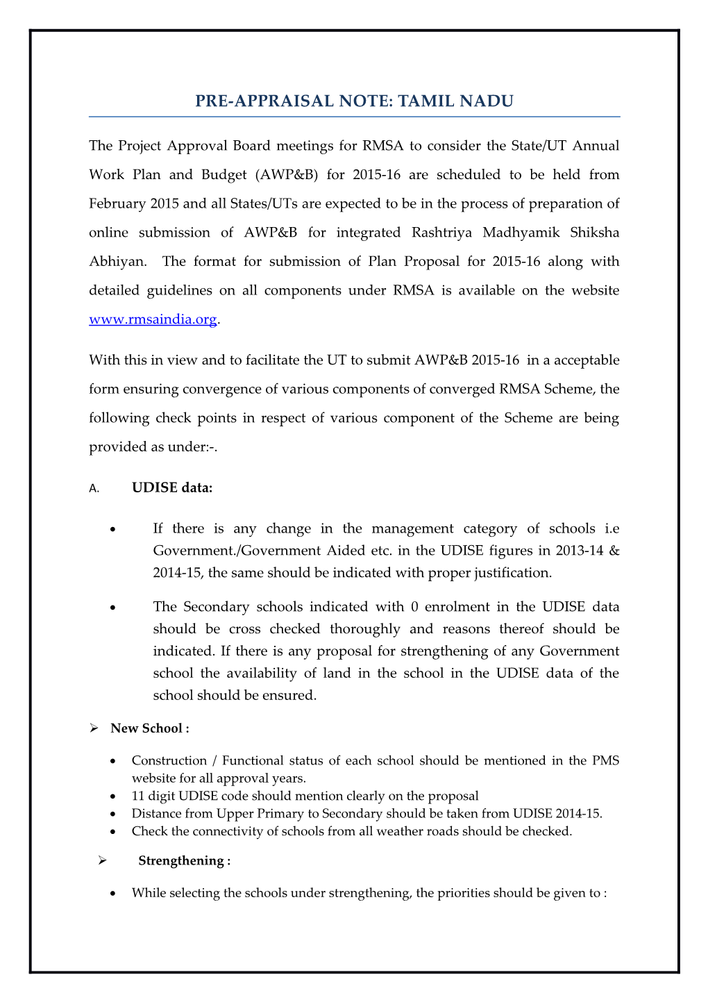 Pre-Appraisal Note: Tamil Nadu