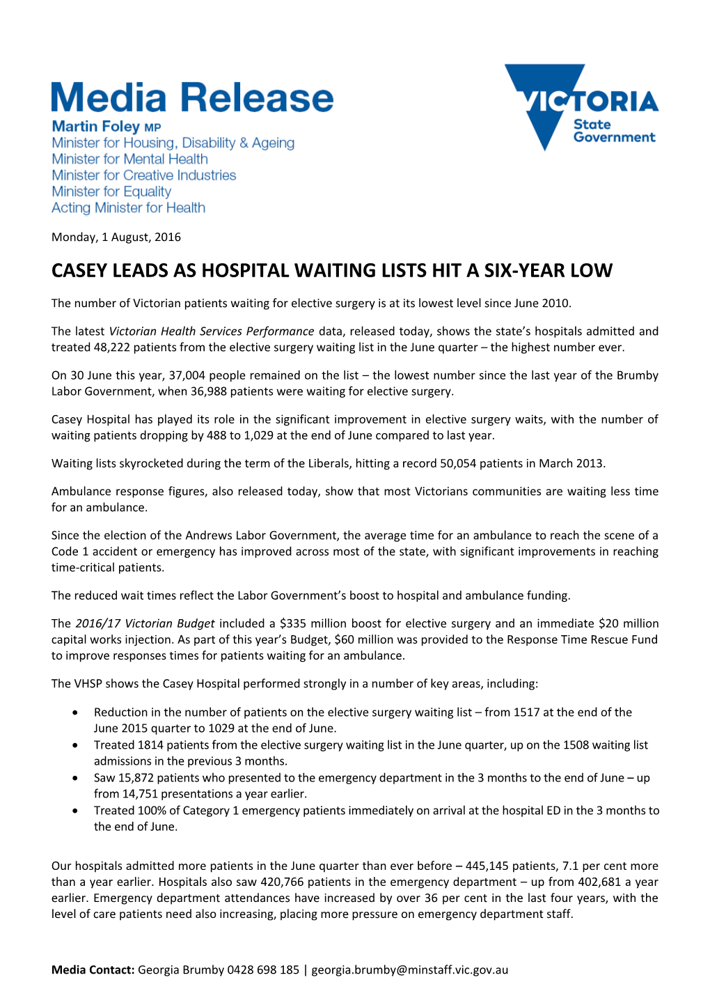Casey Leads As Hospital Waiting Lists Hit a Six-Year Low