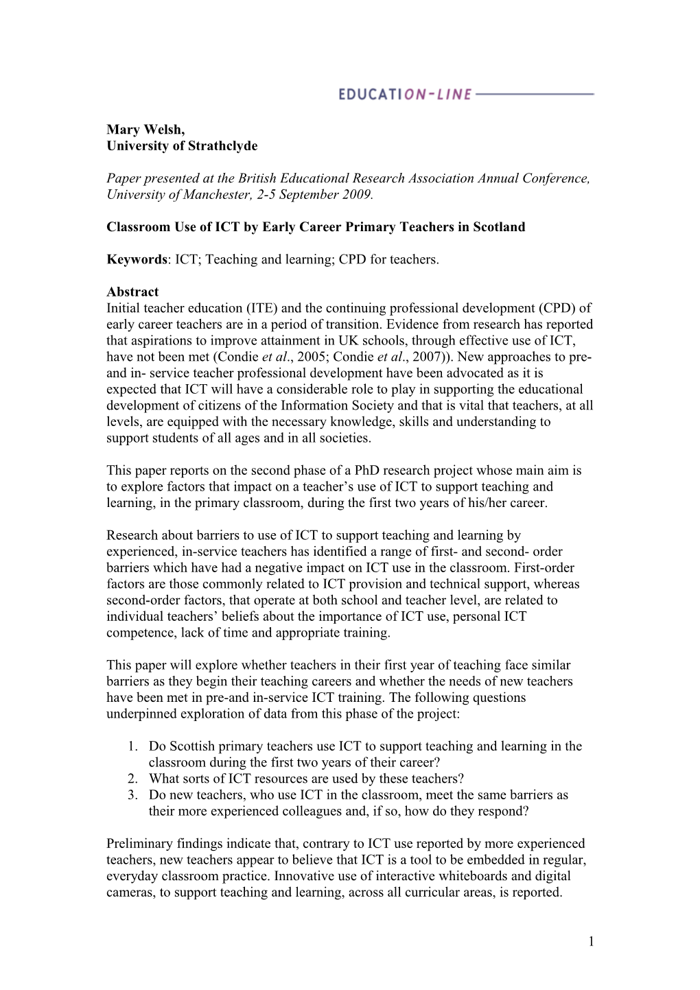 Classroom Use of ICT by Early Career Primary Teachers in Scotland