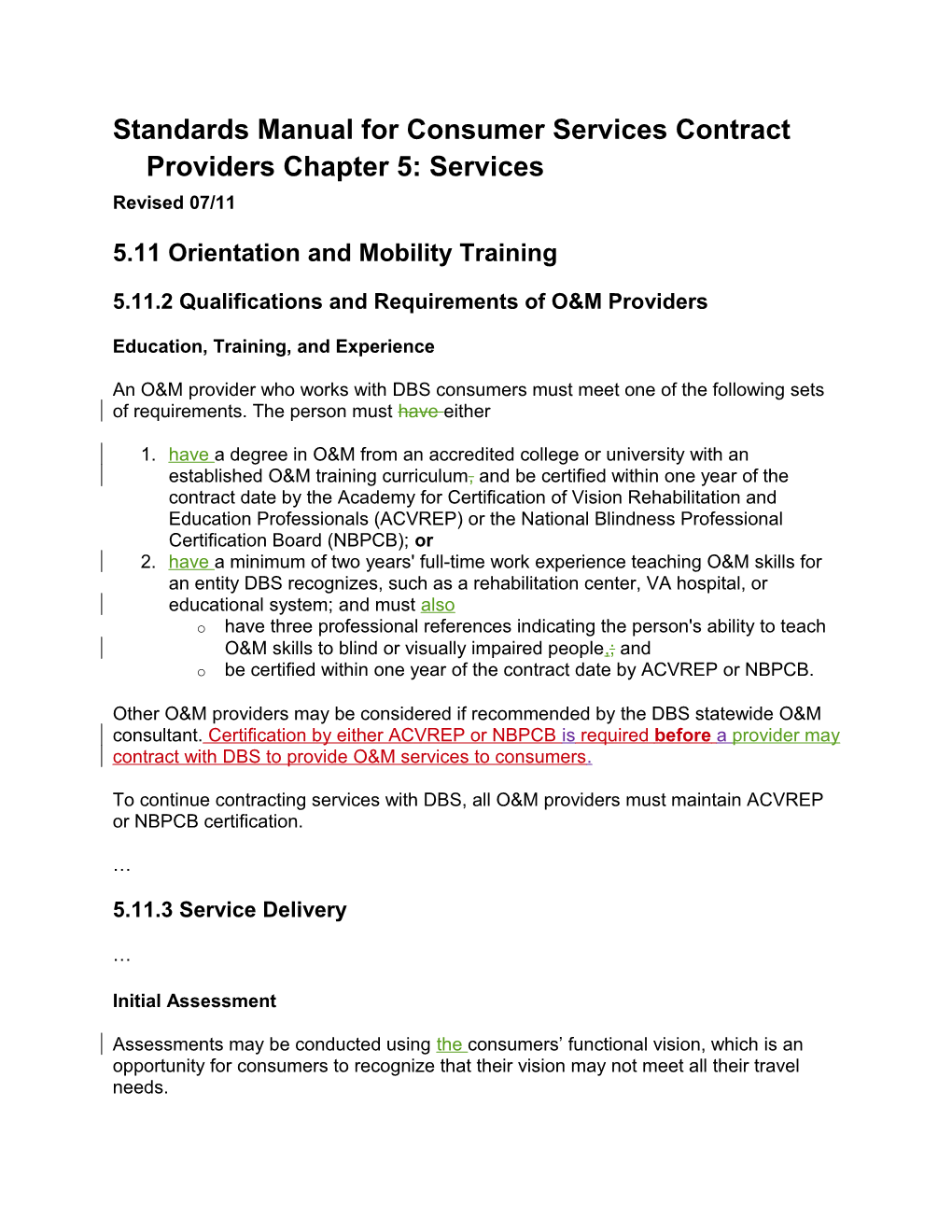 DBS Standards Manual Chapter 5 Revisions for July 2011